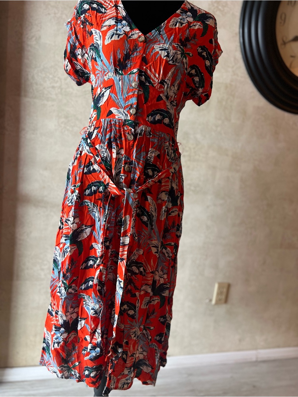 Floral Red Vintage Style Midi Dress Button Front Tie Waist